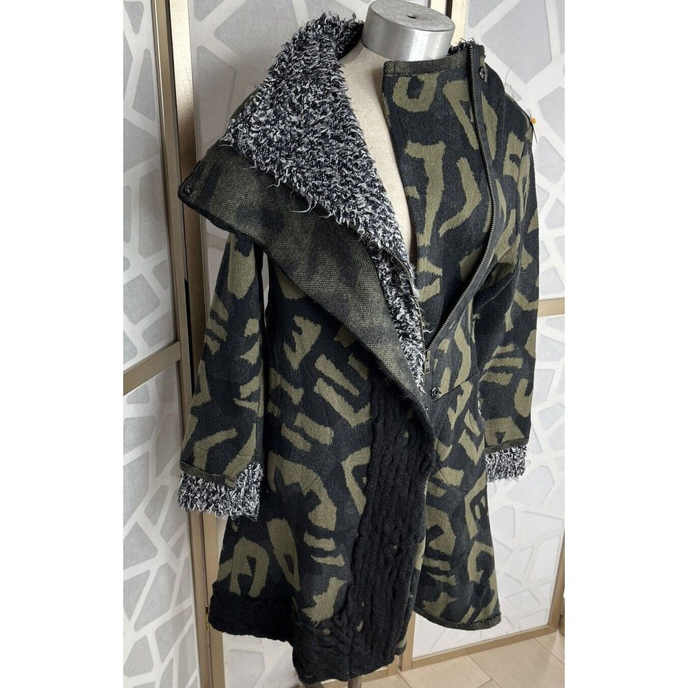 Aimee G Sweater Coat Jacket Cardigan Textured Boho M Green Asymmetric Patchwork